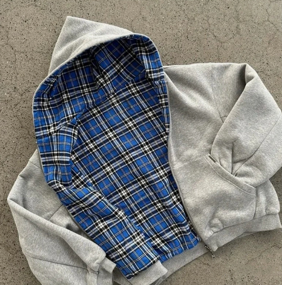 Gray Double-Sided Zip-Up Hoodie Vintage Casual Trendy Hooded Sweatshirt Jacket Gray-Blue