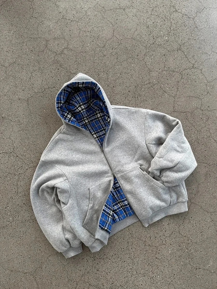 Gray Double-Sided Zip-Up Hoodie Vintage Casual Trendy Hooded Sweatshirt Jacket Gray-Blue
