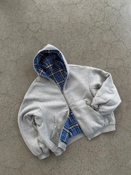 Gray Double-Sided Zip-Up Hoodie Vintage Casual Trendy Hooded Sweatshirt Jacket Gray-Blue