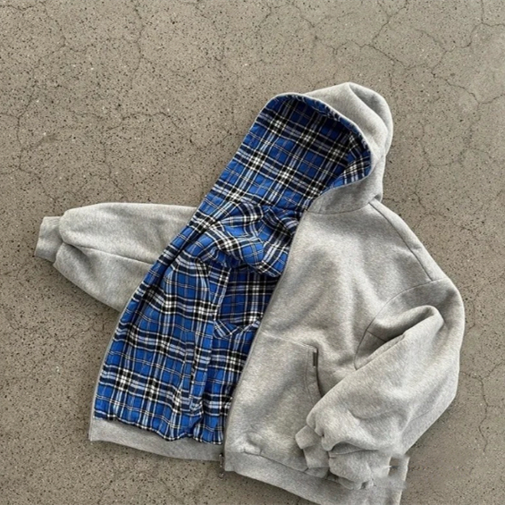 Gray Double-Sided Zip-Up Hoodie Vintage Casual Trendy Hooded Sweatshirt Jacket Gray-Blue