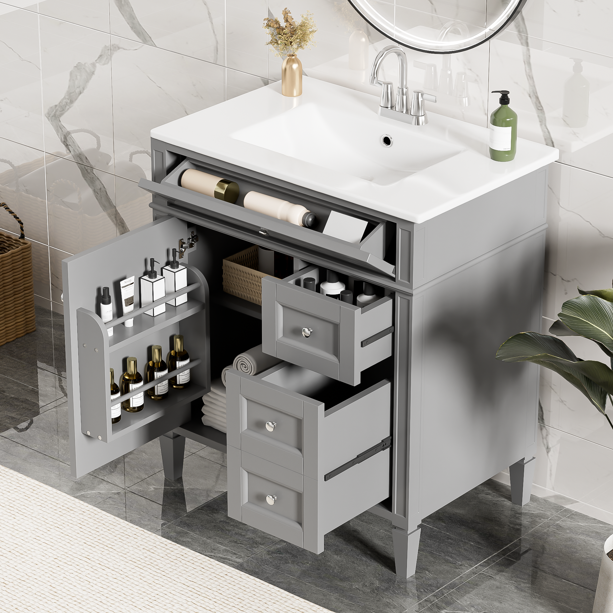 30   Bathroom Vanity With Top Sink, Modern Bathroom Storage Cabinet With 2 Drawers And A Tip-out Drawer, Single Sink Bathroom Vanity