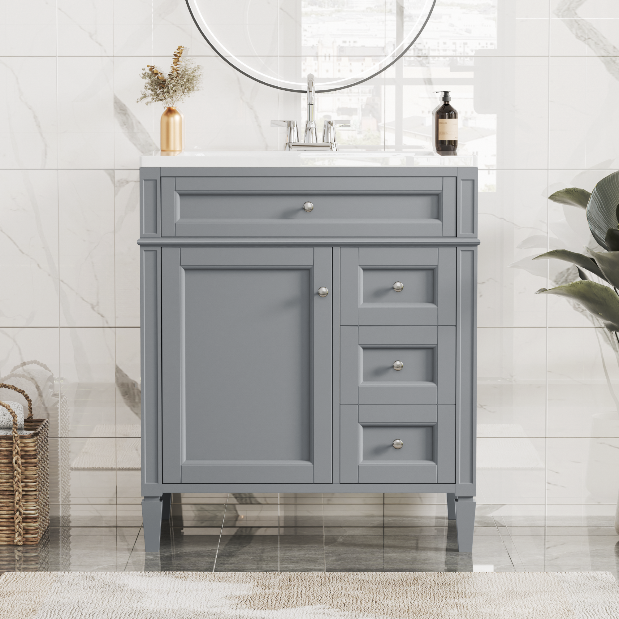 30   Bathroom Vanity With Top Sink, Modern Bathroom Storage Cabinet With 2 Drawers And A Tip-out Drawer, Single Sink Bathroom Vanity