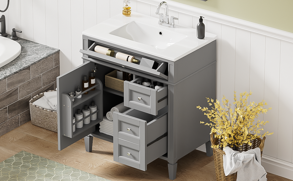 30   Bathroom Vanity With Top Sink, Modern Bathroom Storage Cabinet With 2 Drawers And A Tip-out Drawer, Single Sink Bathroom Vanity