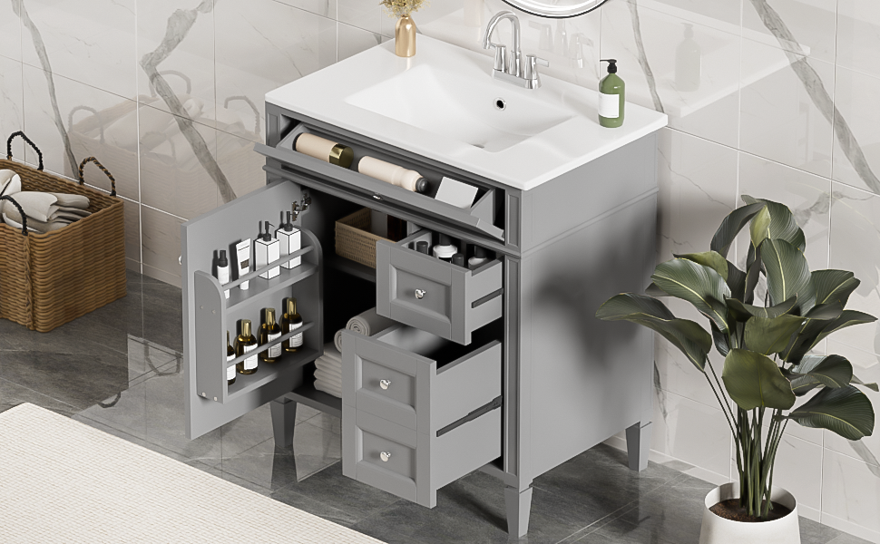 30   Bathroom Vanity With Top Sink, Modern Bathroom Storage Cabinet With 2 Drawers And A Tip-out Drawer, Single Sink Bathroom Vanity