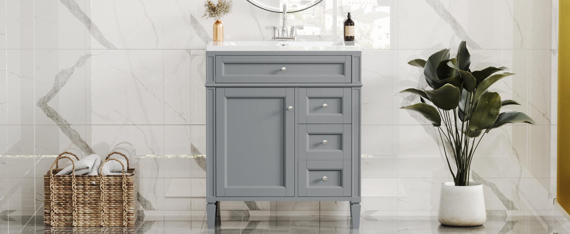30   Bathroom Vanity With Top Sink, Modern Bathroom Storage Cabinet With 2 Drawers And A Tip-out Drawer, Single Sink Bathroom Vanity