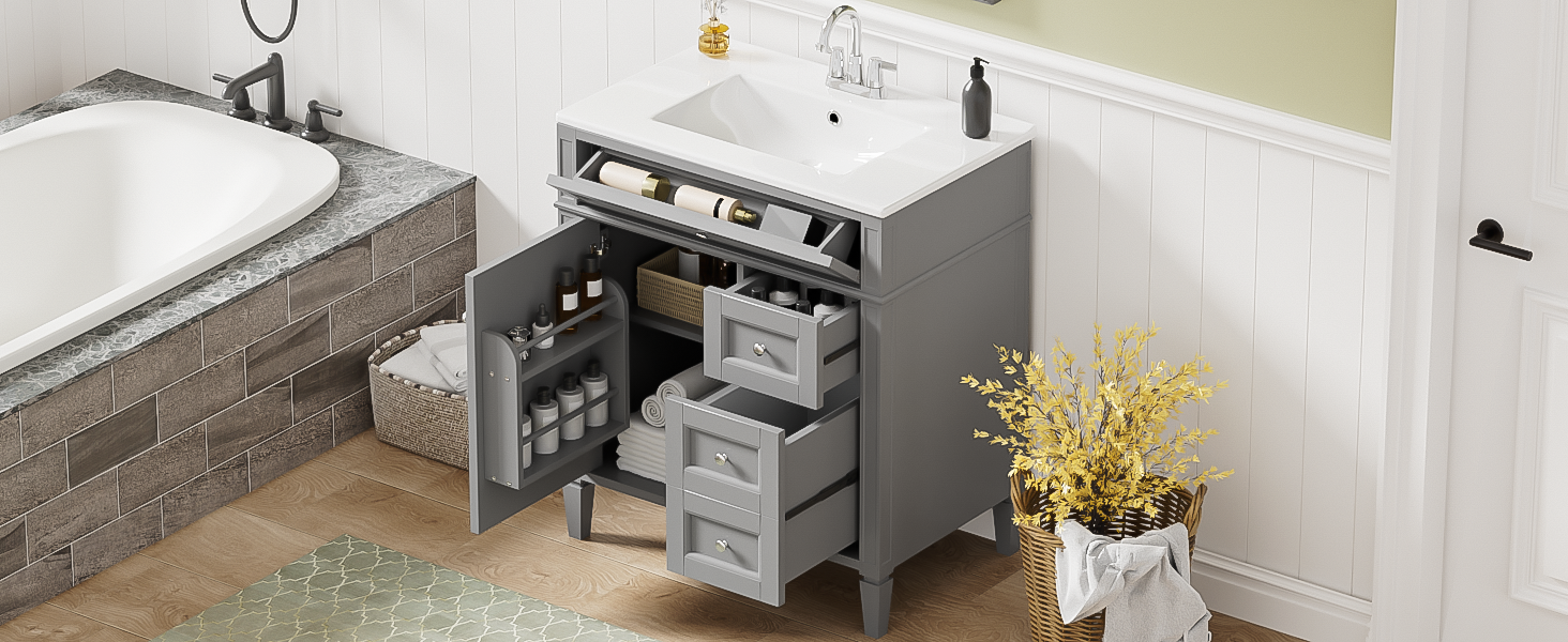 30   Bathroom Vanity With Top Sink, Modern Bathroom Storage Cabinet With 2 Drawers And A Tip-out Drawer, Single Sink Bathroom Vanity