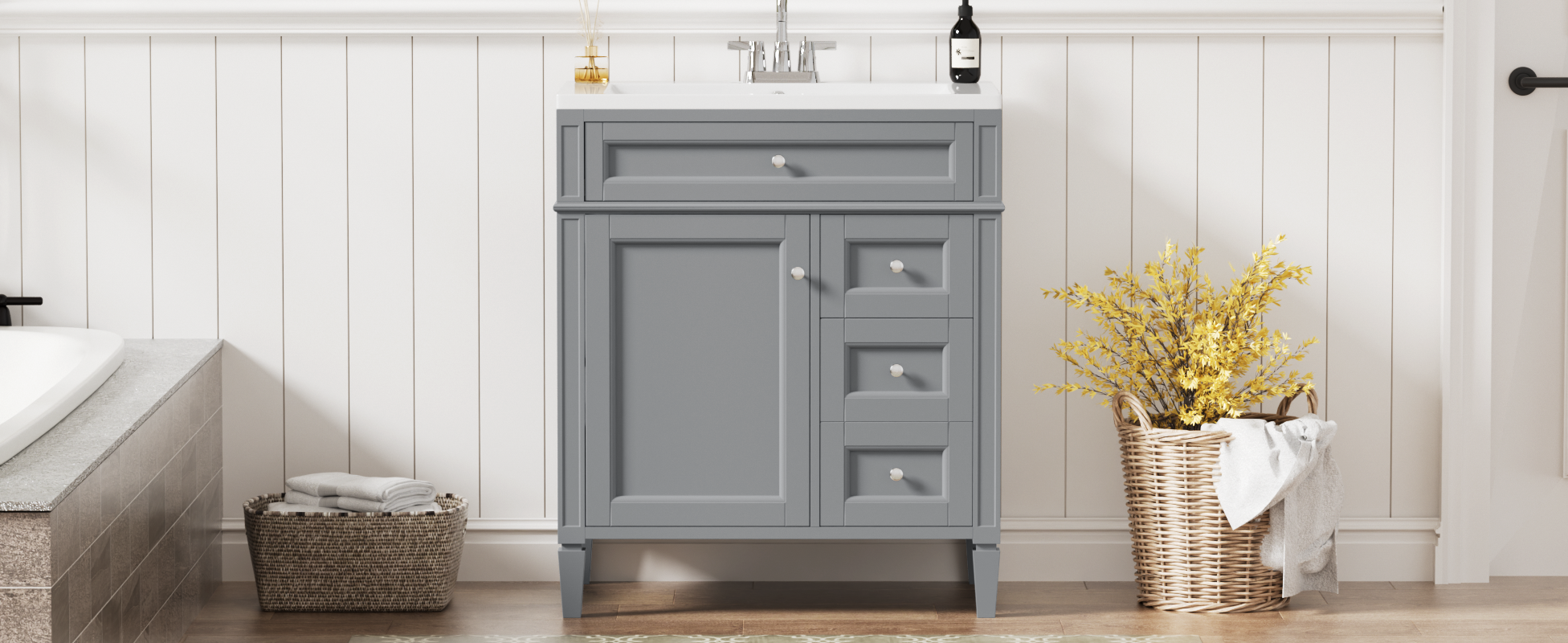 30   Bathroom Vanity With Top Sink, Modern Bathroom Storage Cabinet With 2 Drawers And A Tip-out Drawer, Single Sink Bathroom Vanity