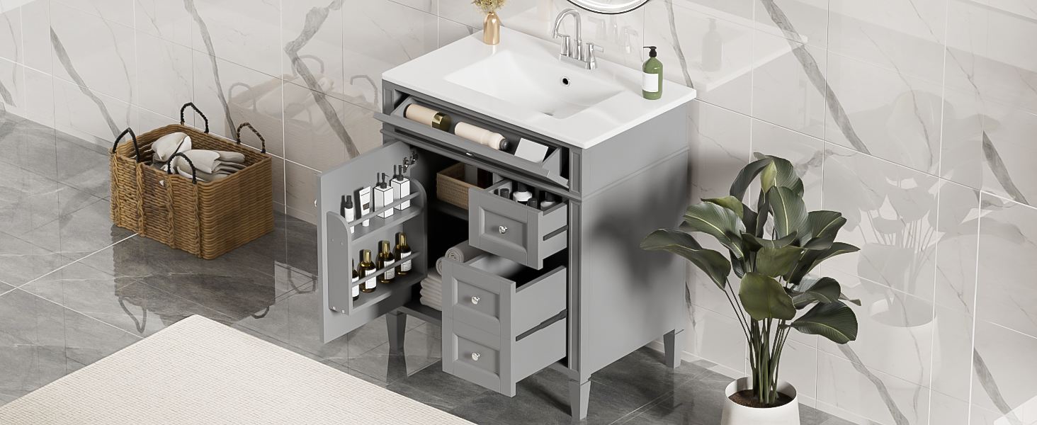 30   Bathroom Vanity With Top Sink, Modern Bathroom Storage Cabinet With 2 Drawers And A Tip-out Drawer, Single Sink Bathroom Vanity