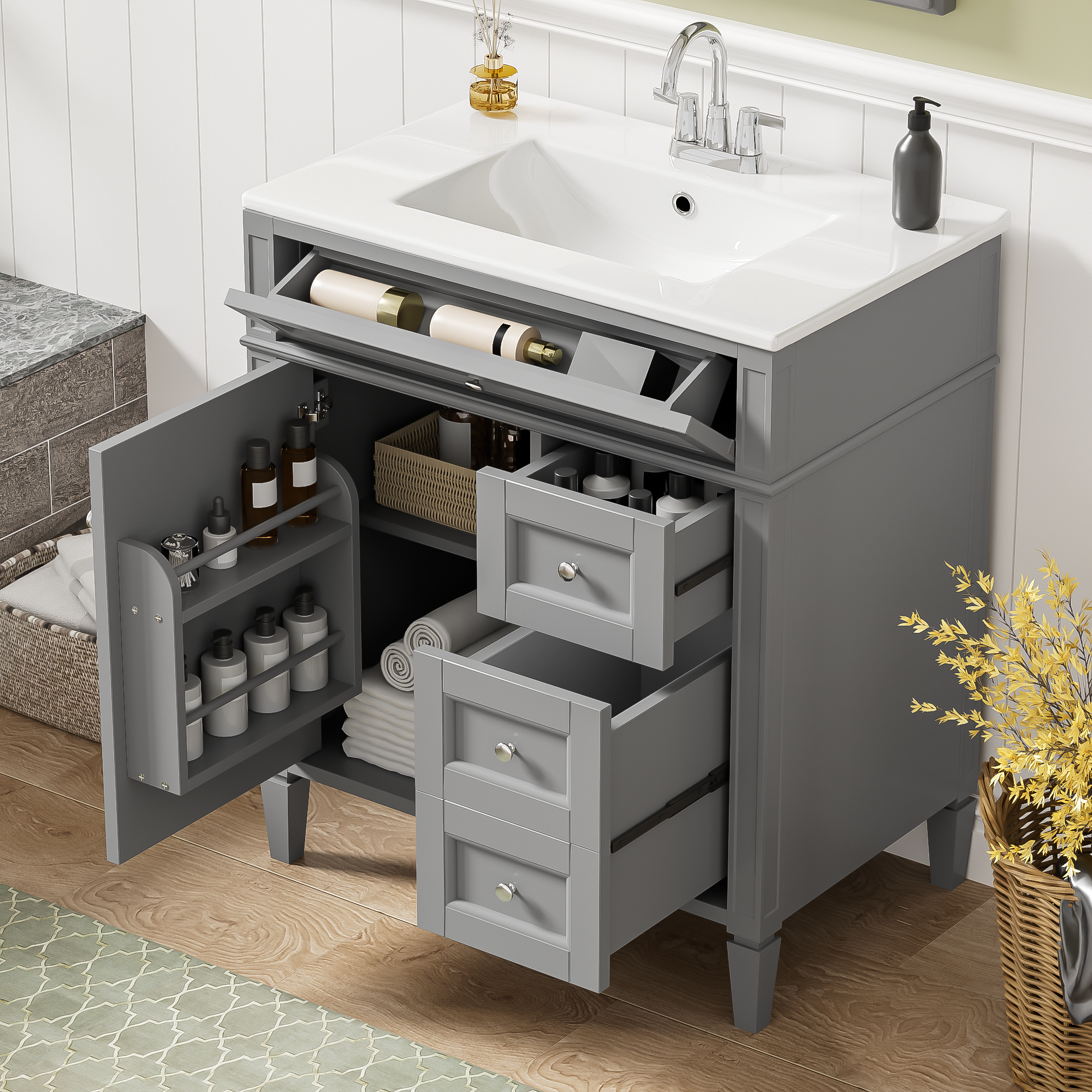 30   Bathroom Vanity With Top Sink, Modern Bathroom Storage Cabinet With 2 Drawers And A Tip-out Drawer, Single Sink Bathroom Vanity