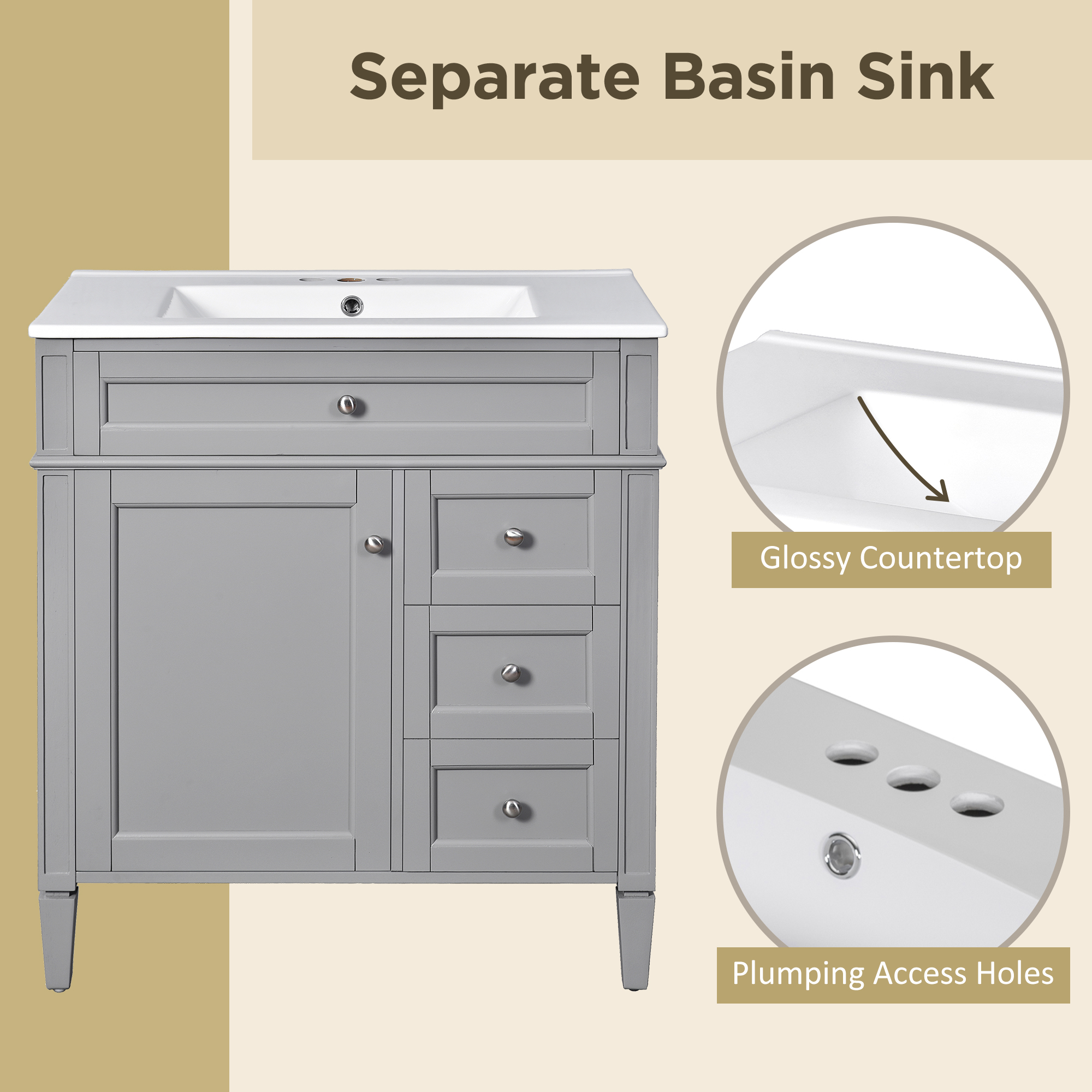 30   Bathroom Vanity With Top Sink, Modern Bathroom Storage Cabinet With 2 Drawers And A Tip-out Drawer, Single Sink Bathroom Vanity