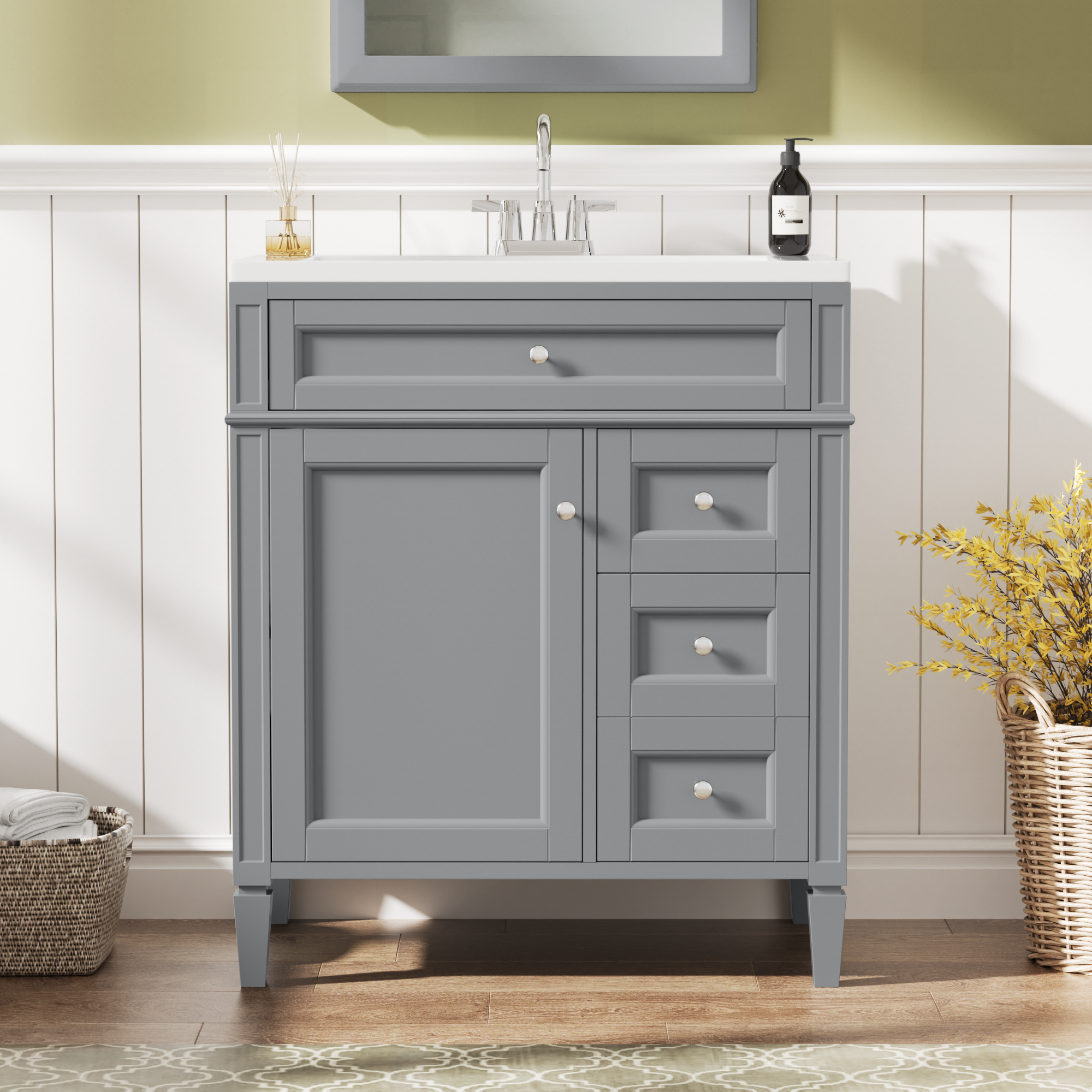 30   Bathroom Vanity With Top Sink, Modern Bathroom Storage Cabinet With 2 Drawers And A Tip-out Drawer, Single Sink Bathroom Vanity