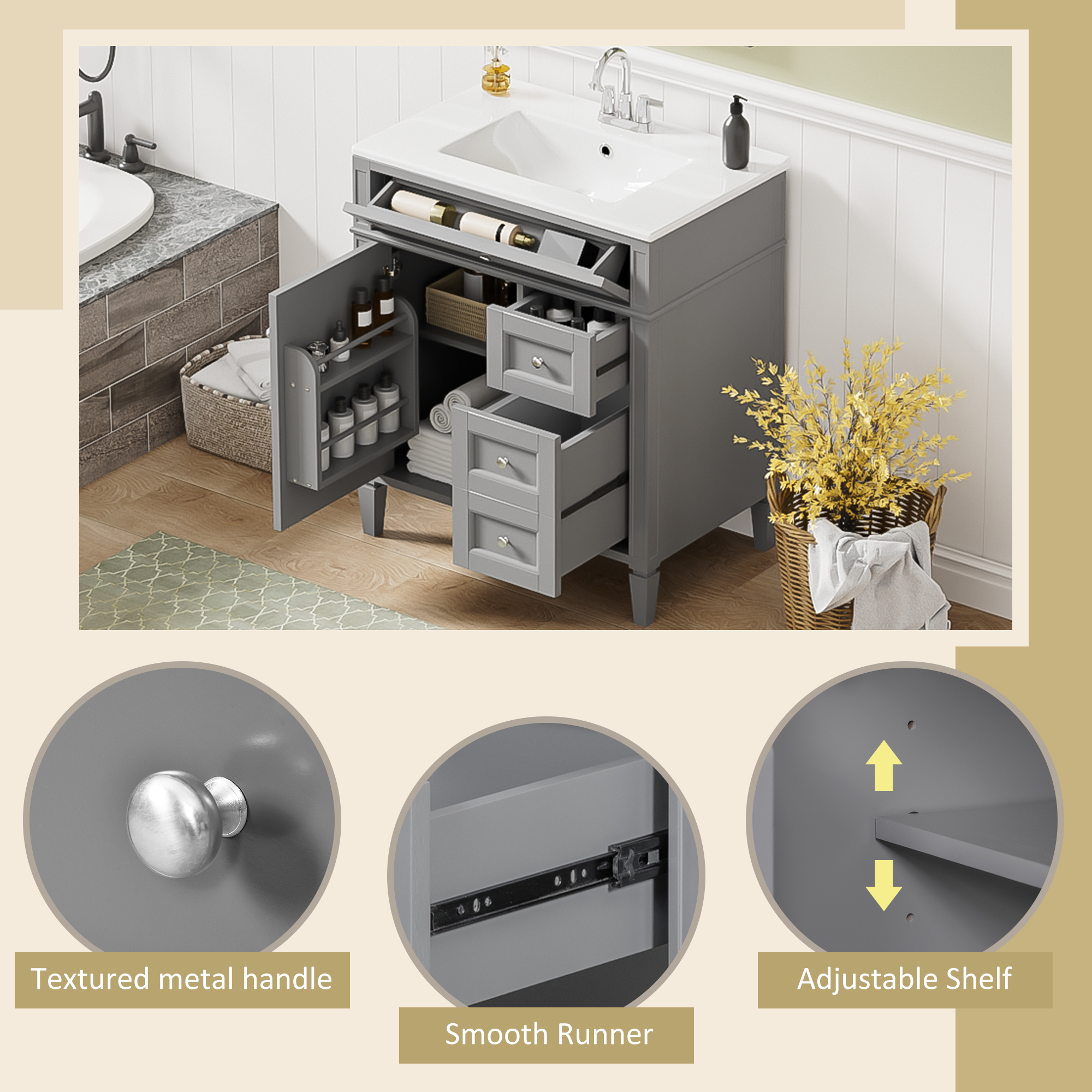 30   Bathroom Vanity With Top Sink, Modern Bathroom Storage Cabinet With 2 Drawers And A Tip-out Drawer, Single Sink Bathroom Vanity