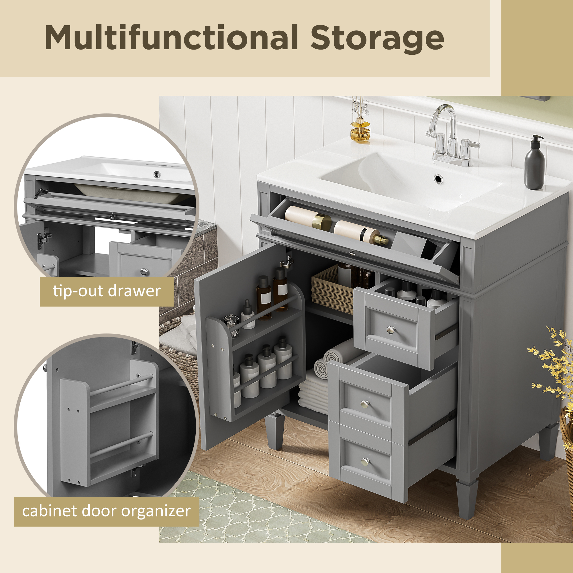 30   Bathroom Vanity With Top Sink, Modern Bathroom Storage Cabinet With 2 Drawers And A Tip-out Drawer, Single Sink Bathroom Vanity