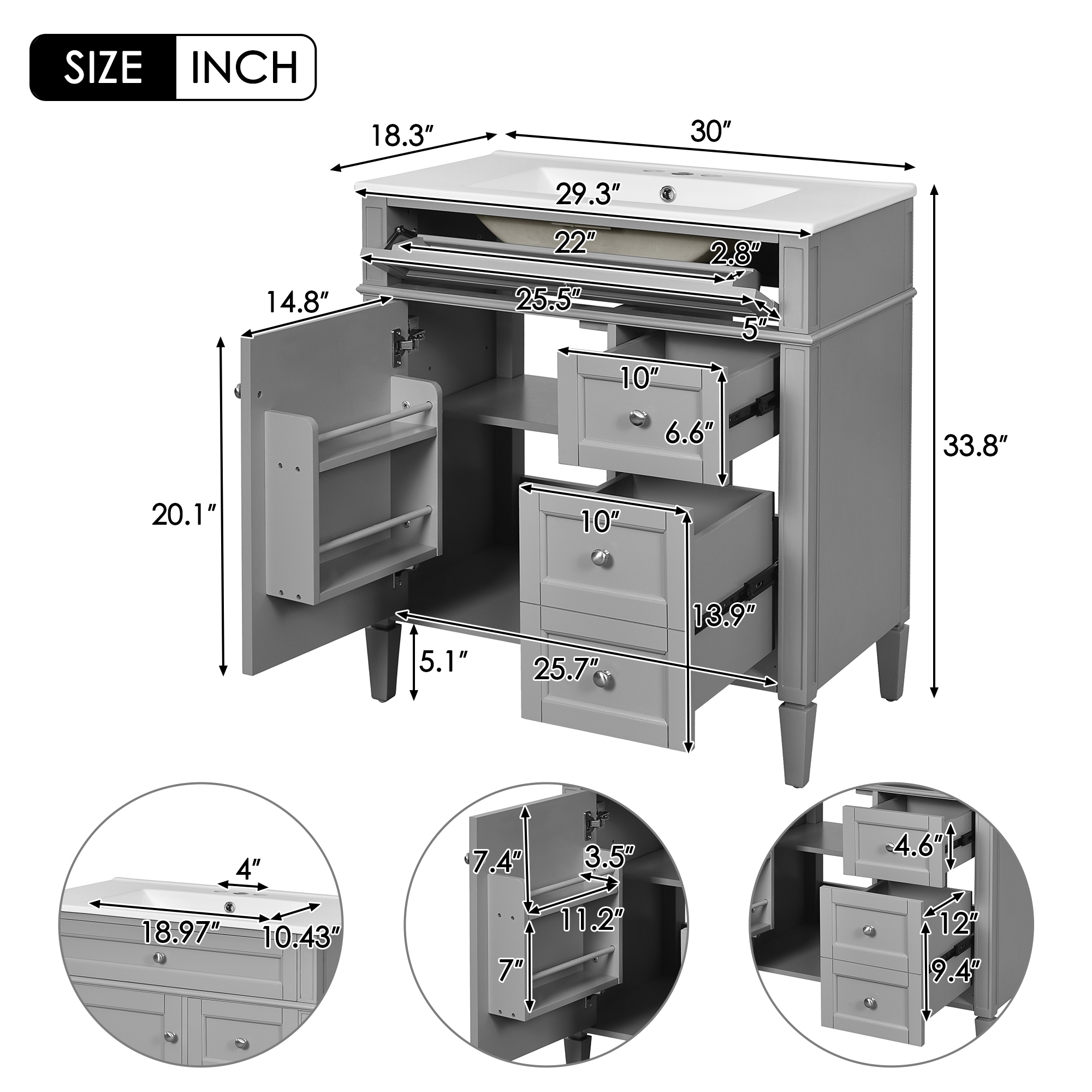30   Bathroom Vanity With Top Sink, Modern Bathroom Storage Cabinet With 2 Drawers And A Tip-out Drawer, Single Sink Bathroom Vanity