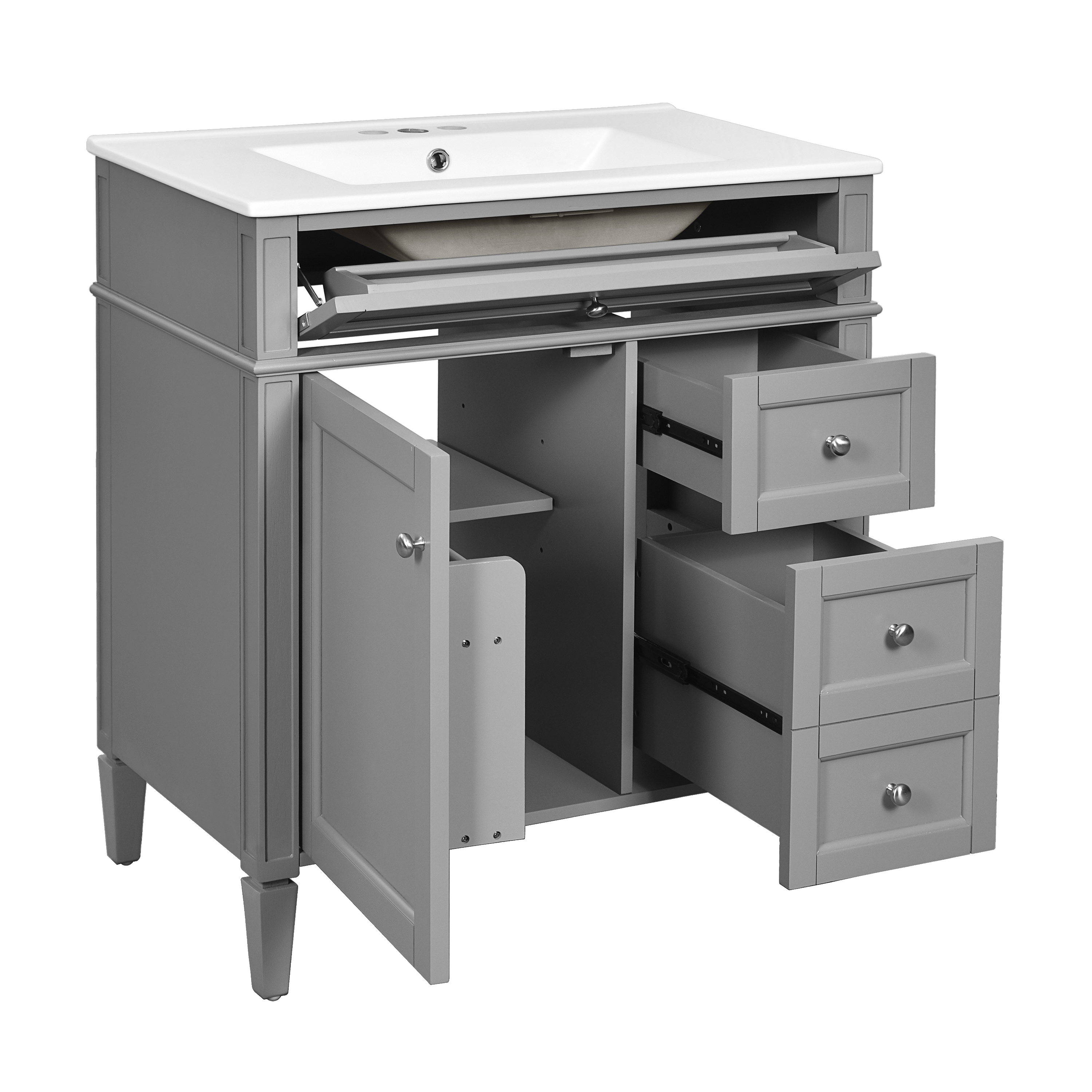 30   Bathroom Vanity With Top Sink, Modern Bathroom Storage Cabinet With 2 Drawers And A Tip-out Drawer, Single Sink Bathroom Vanity