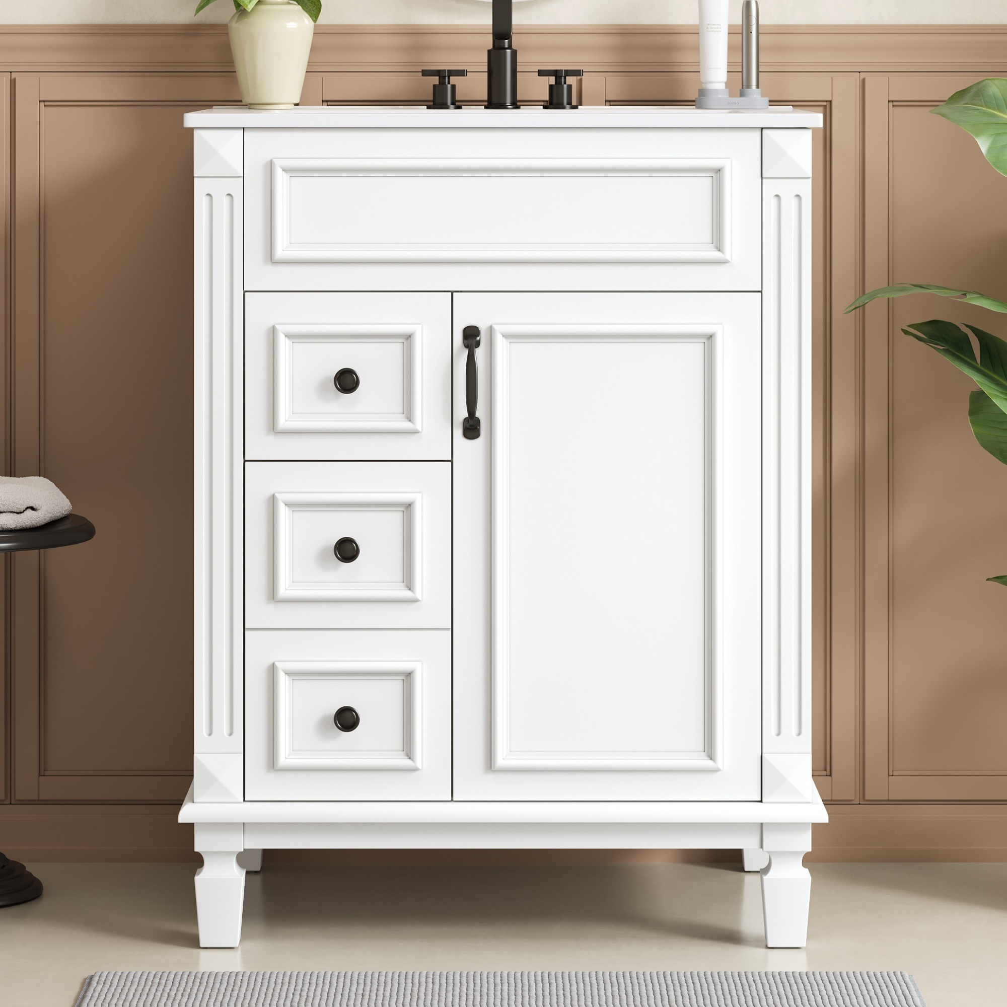 24   Bathroom Vanity With Ceramic Sink, Small Bathroom Sink Cabinet, Modern Cabinet With 2 Drawers And Adjustable Shelf