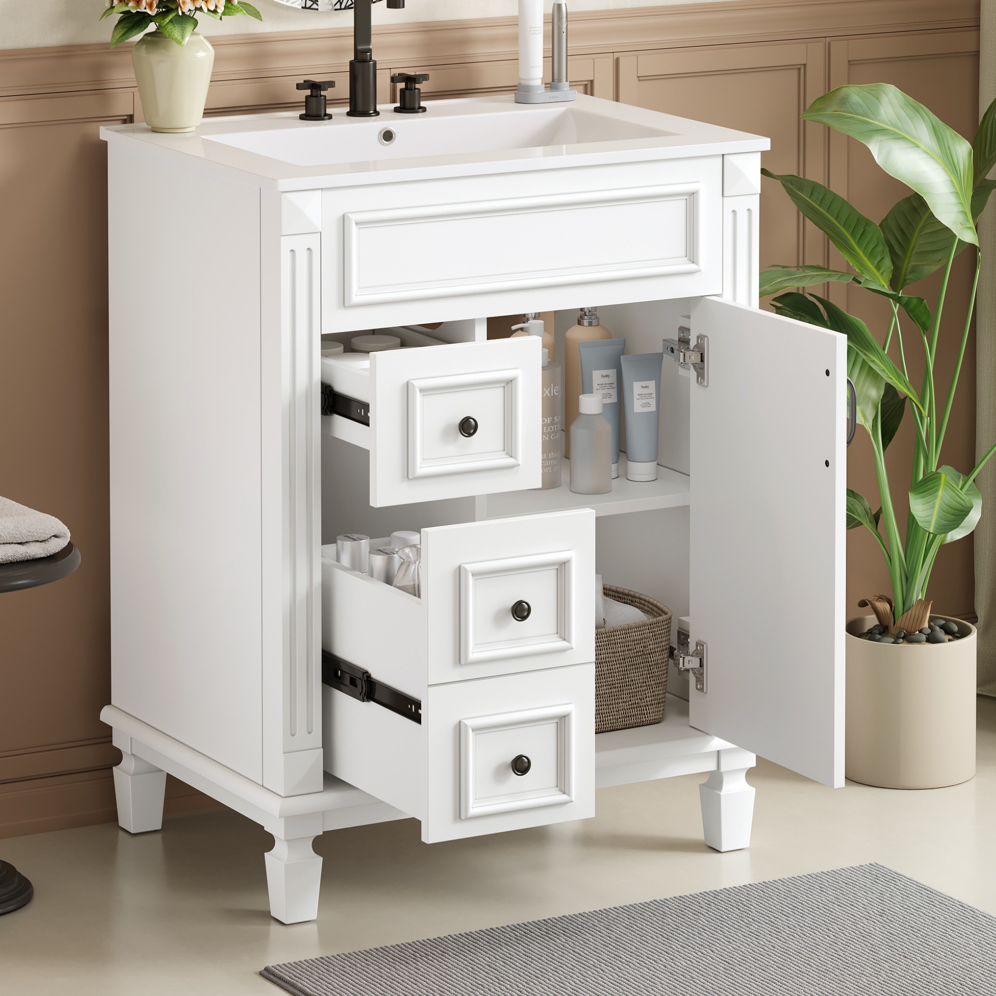 24   Bathroom Vanity With Ceramic Sink, Small Bathroom Sink Cabinet, Modern Cabinet With 2 Drawers And Adjustable Shelf