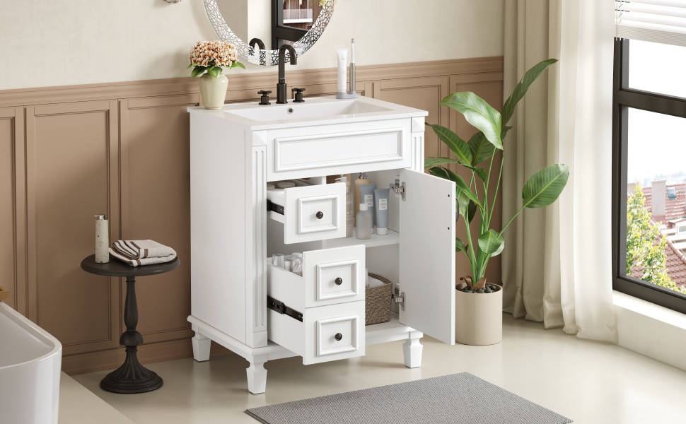 24   Bathroom Vanity With Ceramic Sink, Small Bathroom Sink Cabinet, Modern Cabinet With 2 Drawers And Adjustable Shelf