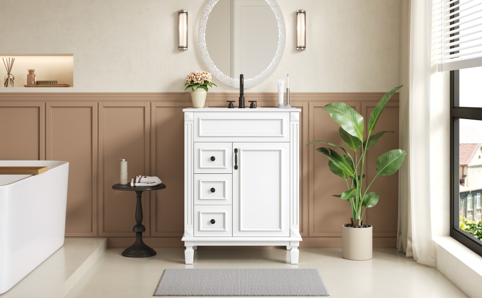 24   Bathroom Vanity With Ceramic Sink, Small Bathroom Sink Cabinet, Modern Cabinet With 2 Drawers And Adjustable Shelf