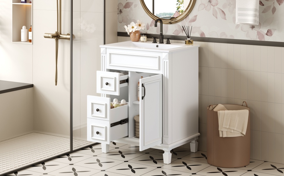 24   Bathroom Vanity With Ceramic Sink, Small Bathroom Sink Cabinet, Modern Cabinet With 2 Drawers And Adjustable Shelf