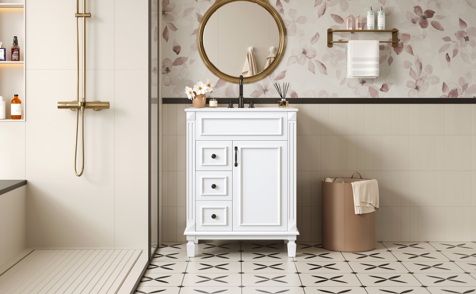 24   Bathroom Vanity With Ceramic Sink, Small Bathroom Sink Cabinet, Modern Cabinet With 2 Drawers And Adjustable Shelf