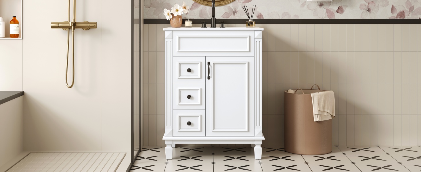 24   Bathroom Vanity With Ceramic Sink, Small Bathroom Sink Cabinet, Modern Cabinet With 2 Drawers And Adjustable Shelf