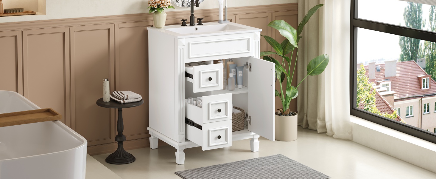 24   Bathroom Vanity With Ceramic Sink, Small Bathroom Sink Cabinet, Modern Cabinet With 2 Drawers And Adjustable Shelf