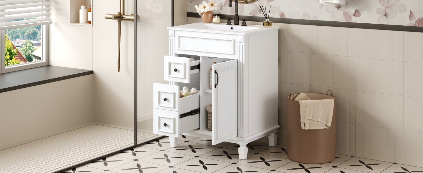 24   Bathroom Vanity With Ceramic Sink, Small Bathroom Sink Cabinet, Modern Cabinet With 2 Drawers And Adjustable Shelf