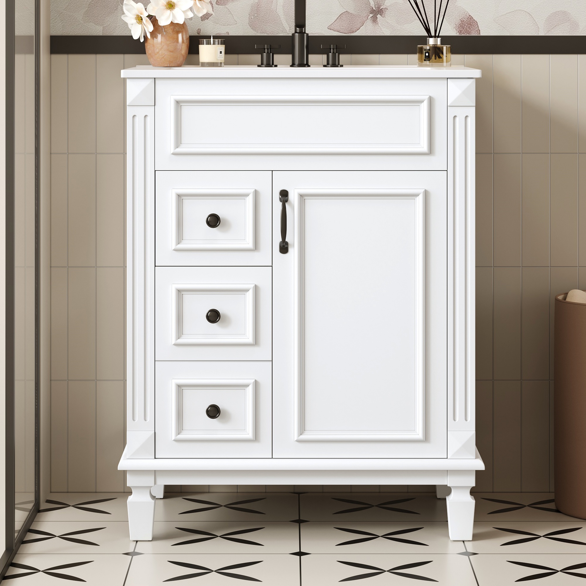 24   Bathroom Vanity With Ceramic Sink, Small Bathroom Sink Cabinet, Modern Cabinet With 2 Drawers And Adjustable Shelf