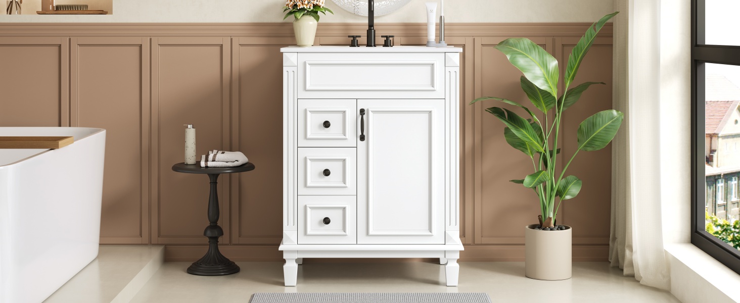 24   Bathroom Vanity With Ceramic Sink, Small Bathroom Sink Cabinet, Modern Cabinet With 2 Drawers And Adjustable Shelf