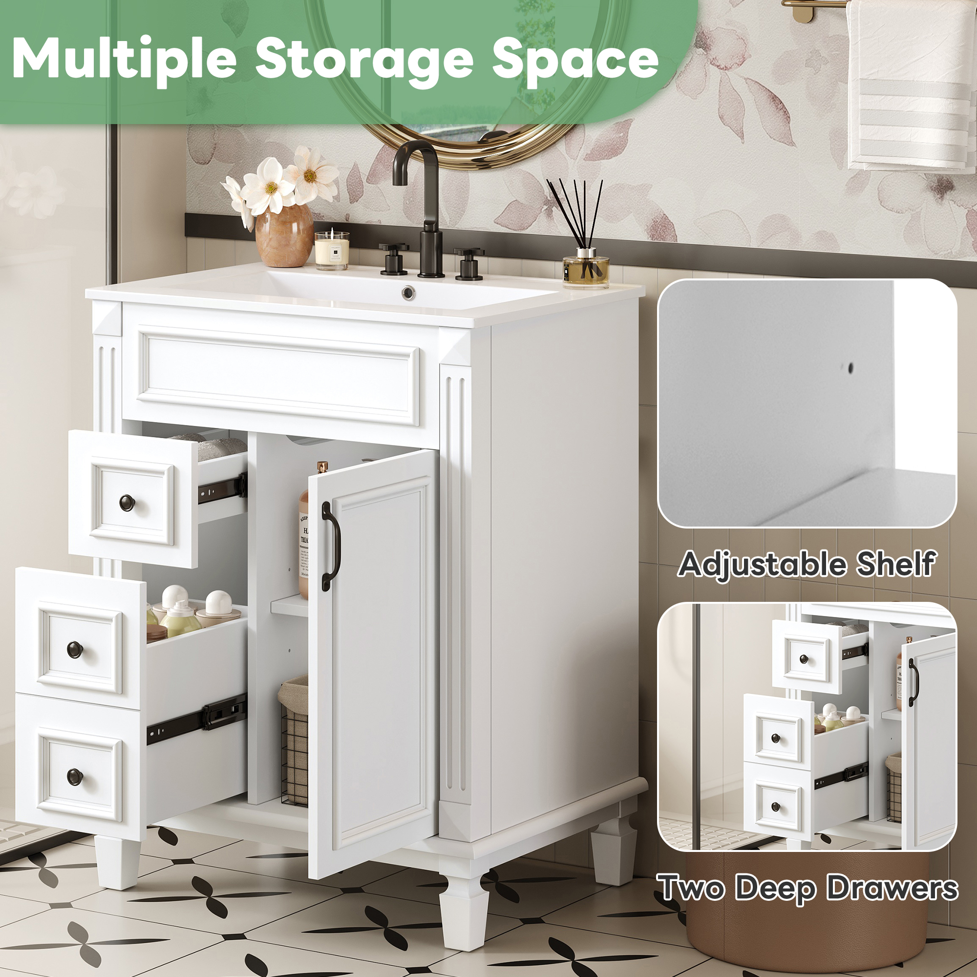 24   Bathroom Vanity With Ceramic Sink, Small Bathroom Sink Cabinet, Modern Cabinet With 2 Drawers And Adjustable Shelf