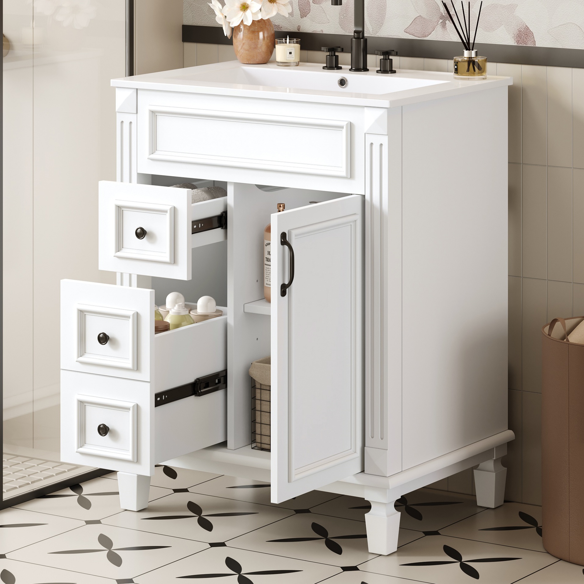 24   Bathroom Vanity With Ceramic Sink, Small Bathroom Sink Cabinet, Modern Cabinet With 2 Drawers And Adjustable Shelf