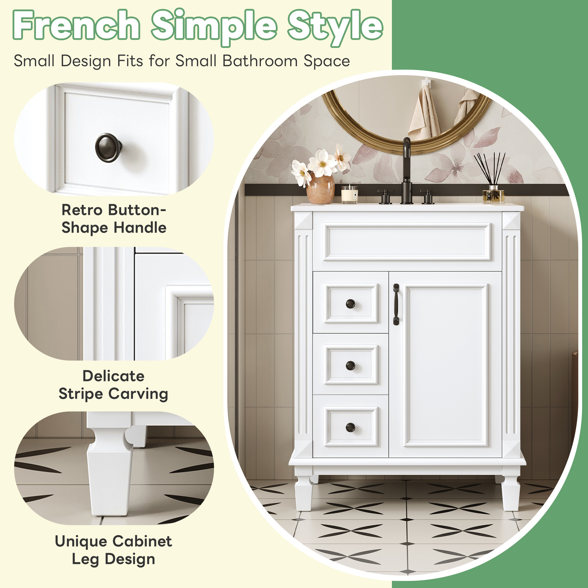24   Bathroom Vanity With Ceramic Sink, Small Bathroom Sink Cabinet, Modern Cabinet With 2 Drawers And Adjustable Shelf