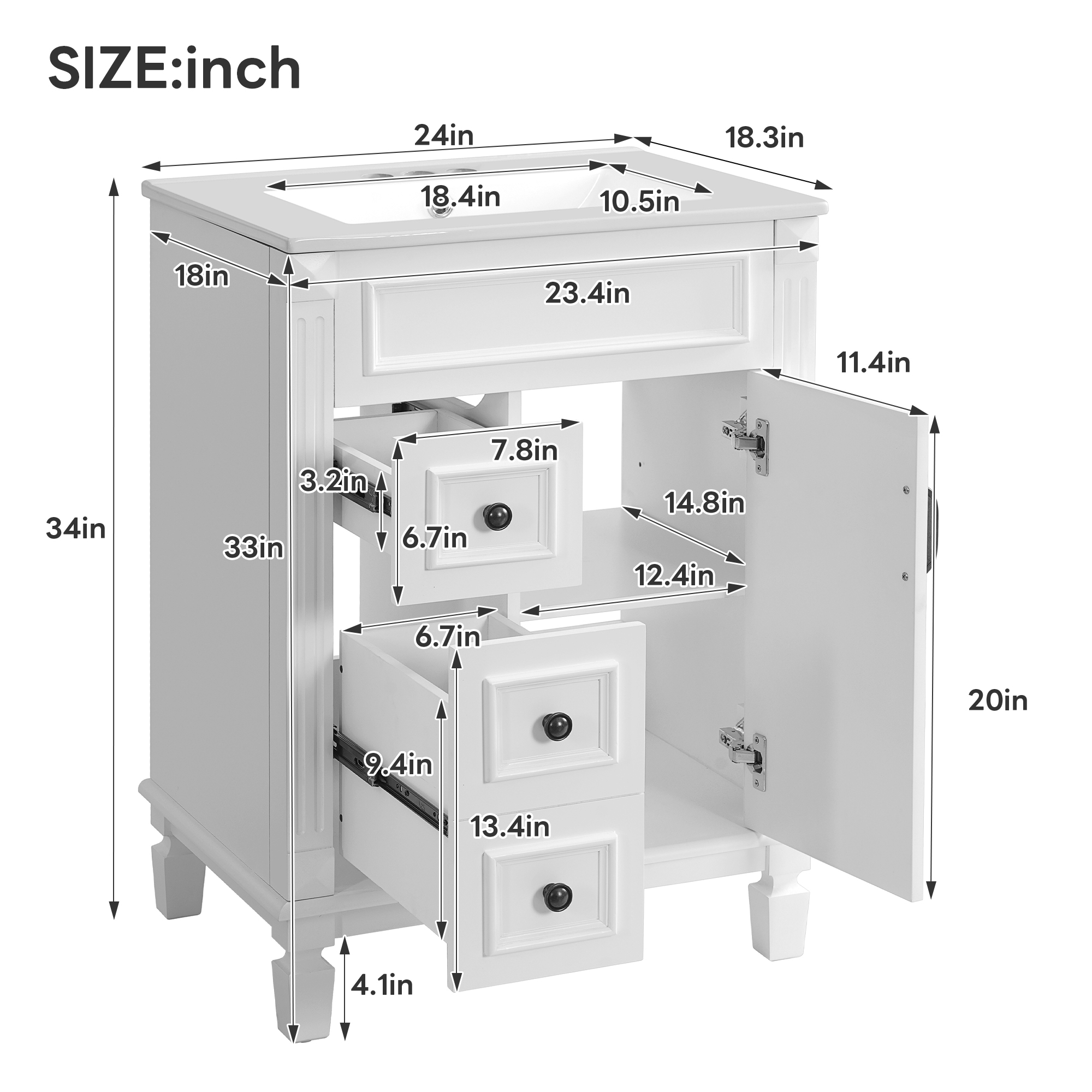 24   Bathroom Vanity With Ceramic Sink, Small Bathroom Sink Cabinet, Modern Cabinet With 2 Drawers And Adjustable Shelf
