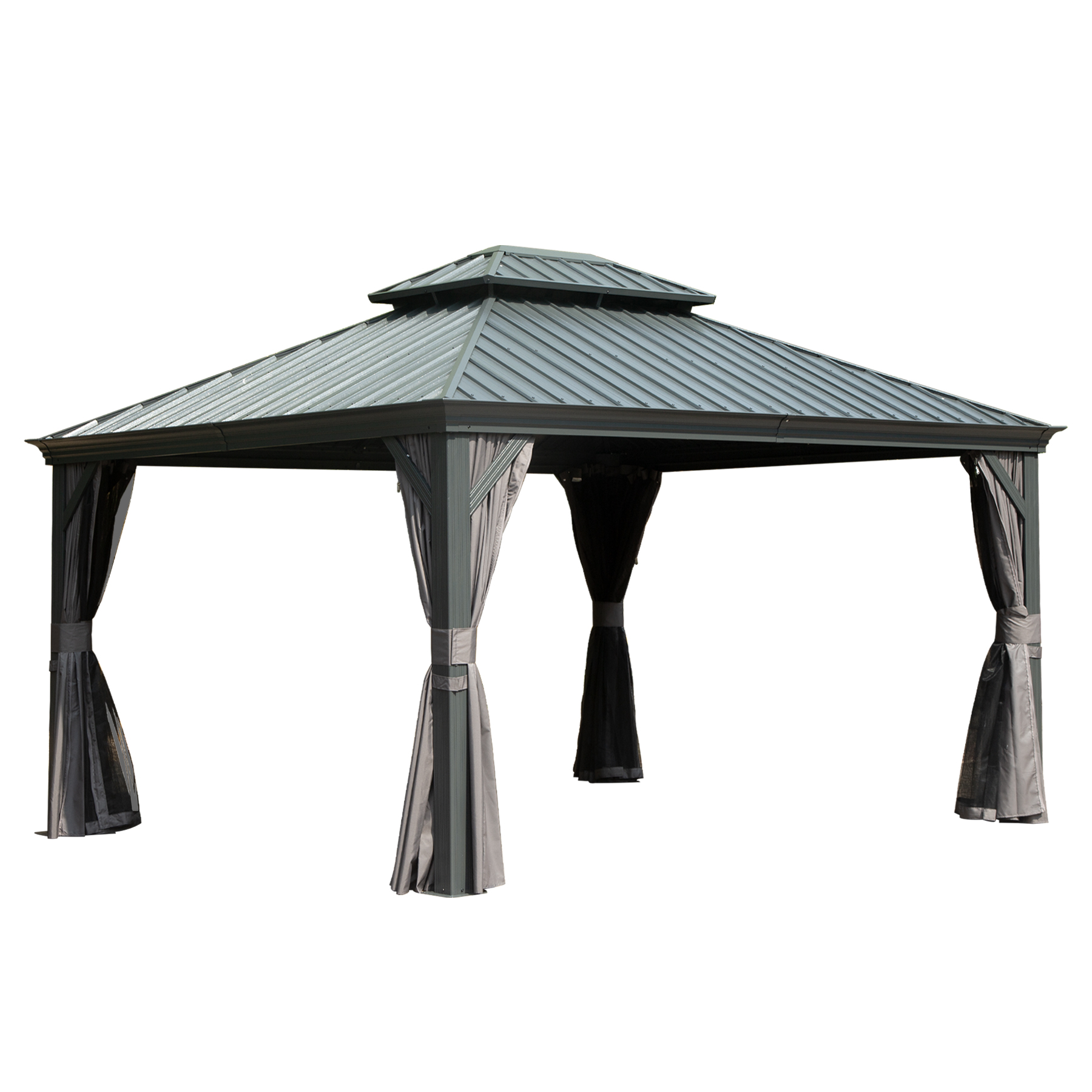 10   X 14   Hardtop Gazebo Permanent Outdoor Gazebo With Galvanized Steel Double Roof, Aluminum Frame, Curtains And Netting For Patio Lawn And Garden, Gray
