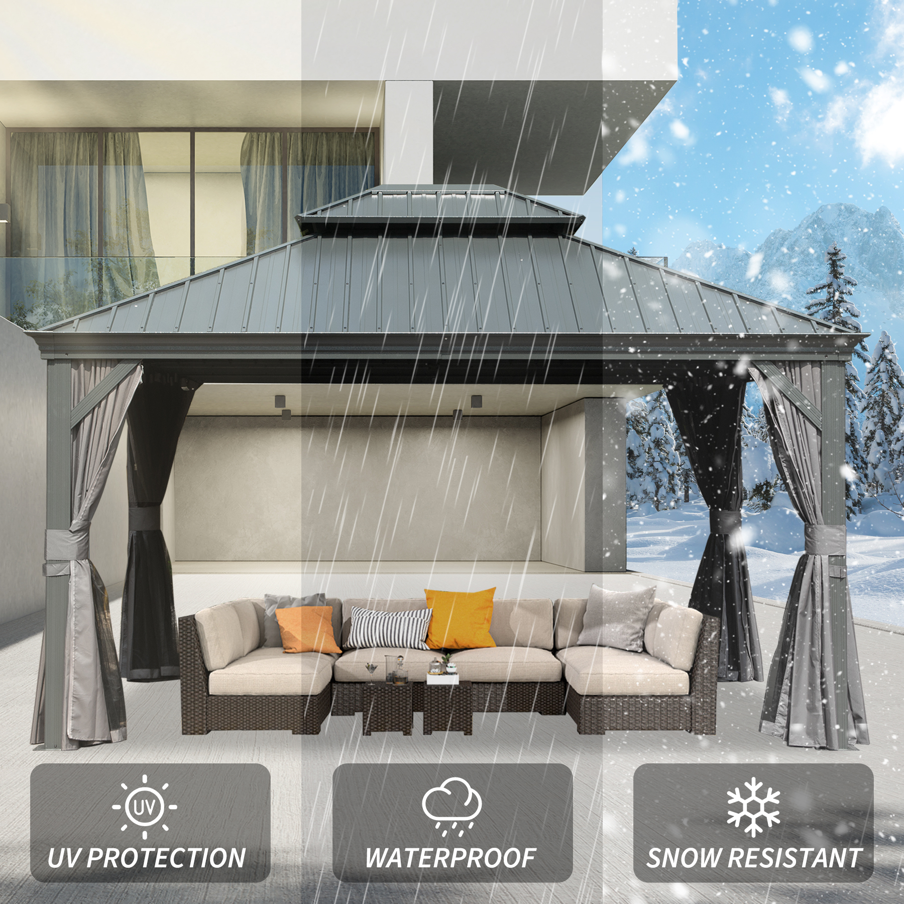 10   X 14   Hardtop Gazebo Permanent Outdoor Gazebo With Galvanized Steel Double Roof, Aluminum Frame, Curtains And Netting For Patio Lawn And Garden, Gray