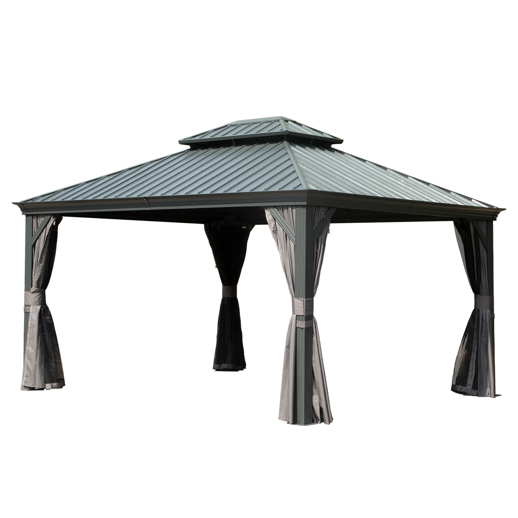 10   X 14   Hardtop Gazebo Permanent Outdoor Gazebo With Galvanized Steel Double Roof, Aluminum Frame, Curtains And Netting For Patio Lawn And Garden, Gray