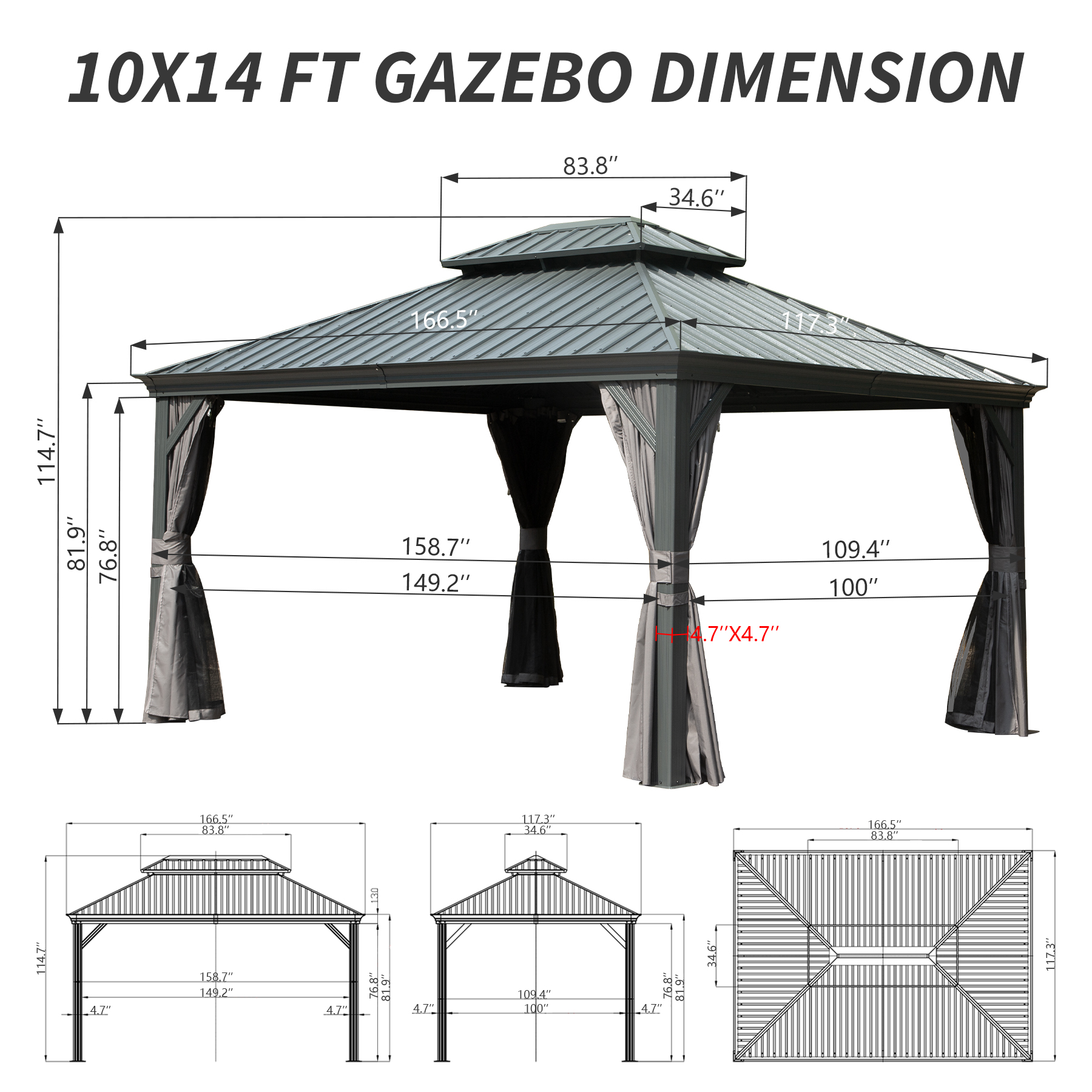 10   X 14   Hardtop Gazebo Permanent Outdoor Gazebo With Galvanized Steel Double Roof, Aluminum Frame, Curtains And Netting For Patio Lawn And Garden, Gray
