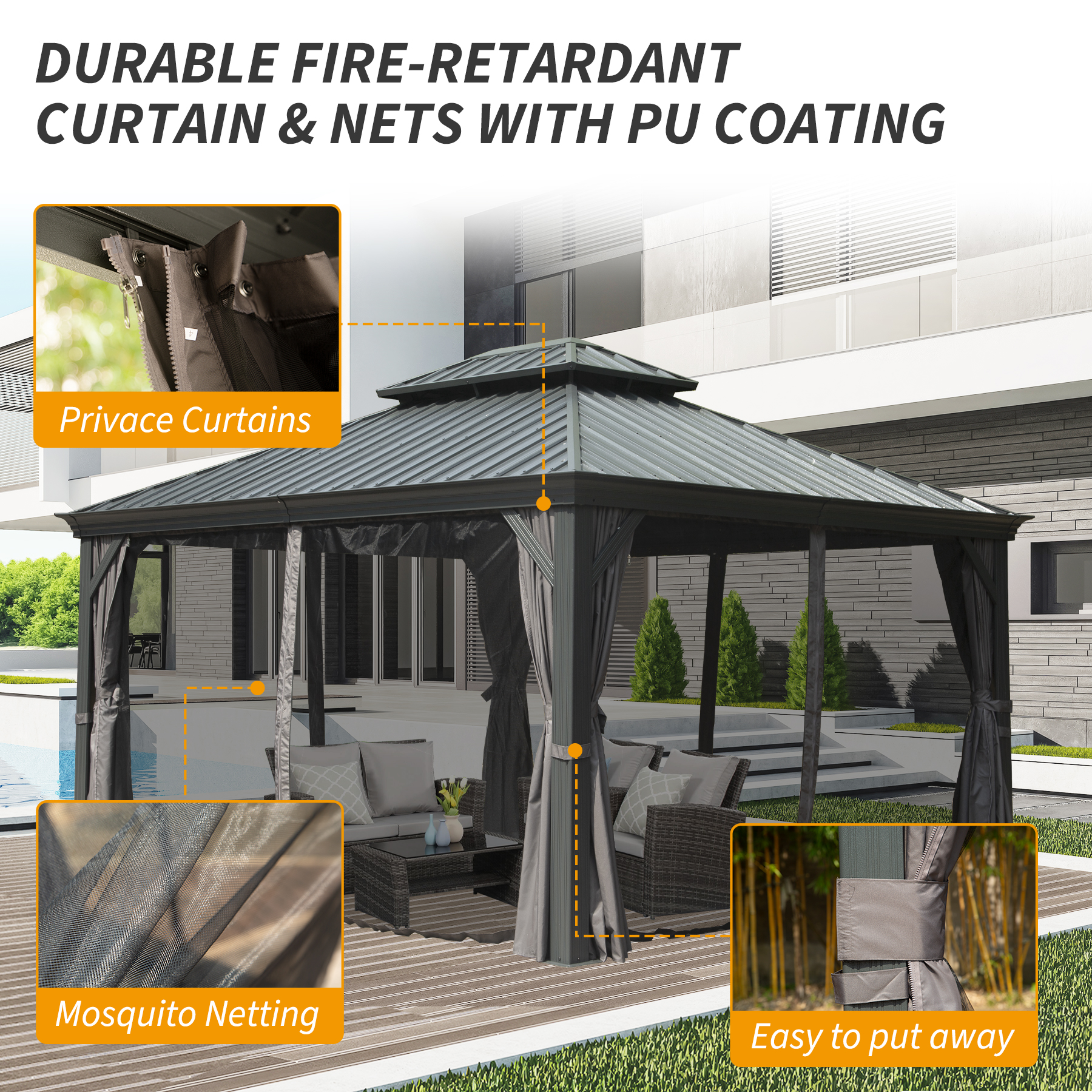 10   X 14   Hardtop Gazebo Permanent Outdoor Gazebo With Galvanized Steel Double Roof, Aluminum Frame, Curtains And Netting For Patio Lawn And Garden, Gray