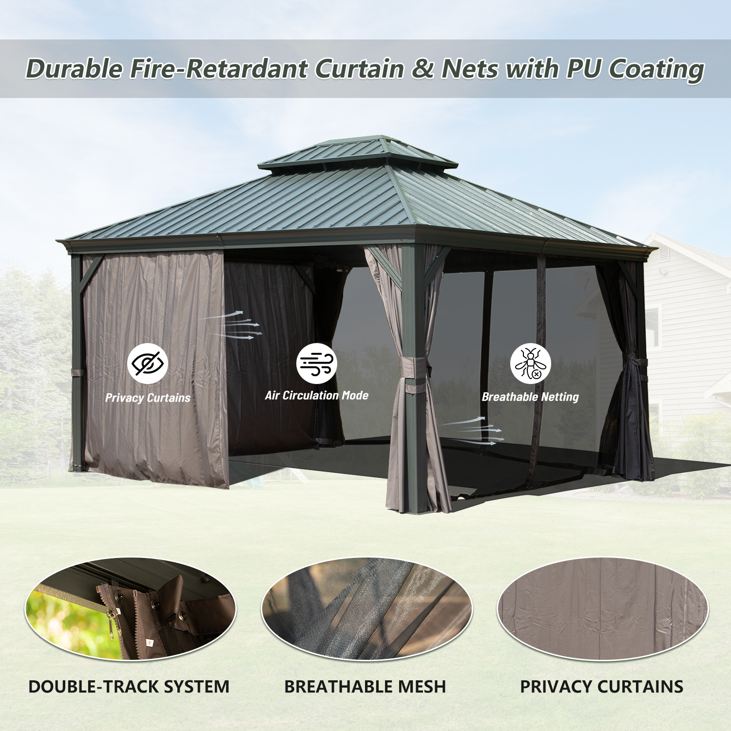 10   X 12   Hardtop Gazebo Outdoor Metal Gazebo With Galvanized Steel Double Roof Canopy, Aluminum Frame, Curtains And Netting For Patio, Deck, Garden, Grey