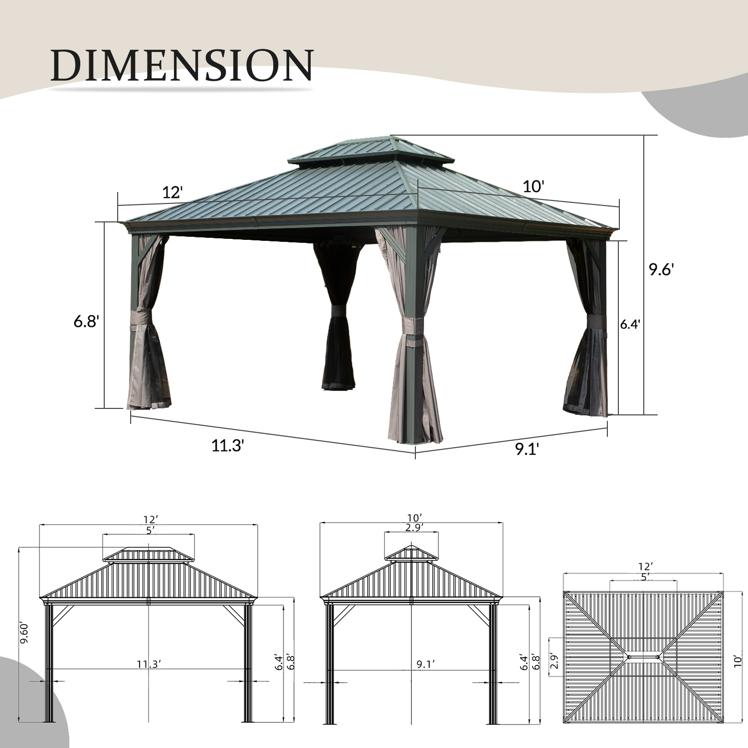 10   X 12   Hardtop Gazebo Outdoor Metal Gazebo With Galvanized Steel Double Roof Canopy, Aluminum Frame, Curtains And Netting For Patio, Deck, Garden, Grey