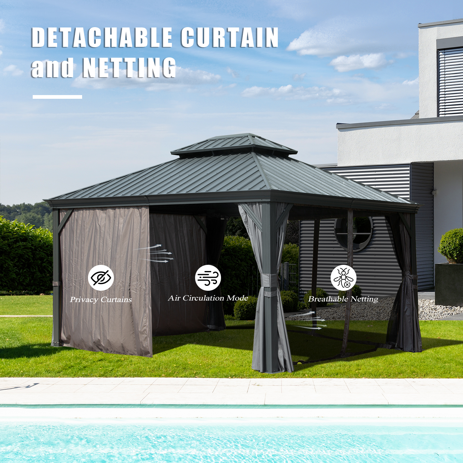 10   X 12   Hardtop Gazebo Outdoor Metal Gazebo With Galvanized Steel Double Roof Canopy, Aluminum Frame, Curtains And Netting For Patio, Deck, Garden, Grey