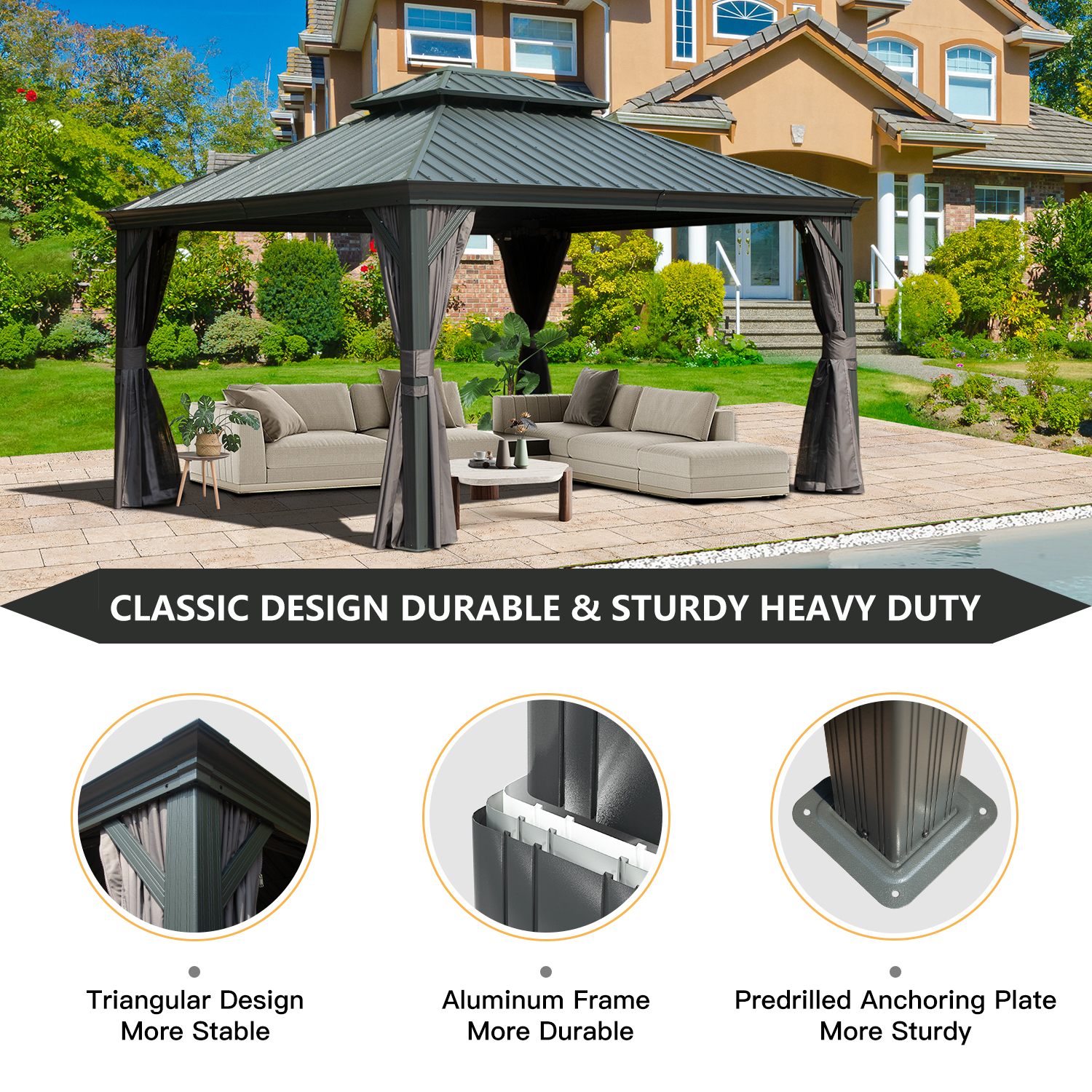 10   X 12   Hardtop Gazebo Outdoor Metal Gazebo With Galvanized Steel Double Roof Canopy, Aluminum Frame, Curtains And Netting For Patio, Deck, Garden, Grey