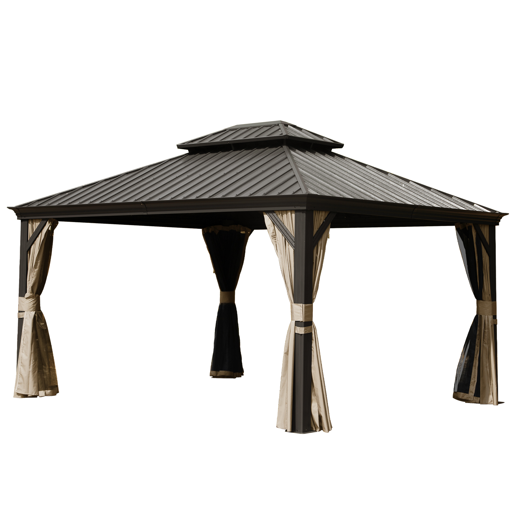 10   X 14   Hardtop Gazebo Permanent Outdoor Gazebo With Galvanized Steel Double Roof, Aluminum Frame, Curtains And Netting For Patio Lawn And Garden, Brown