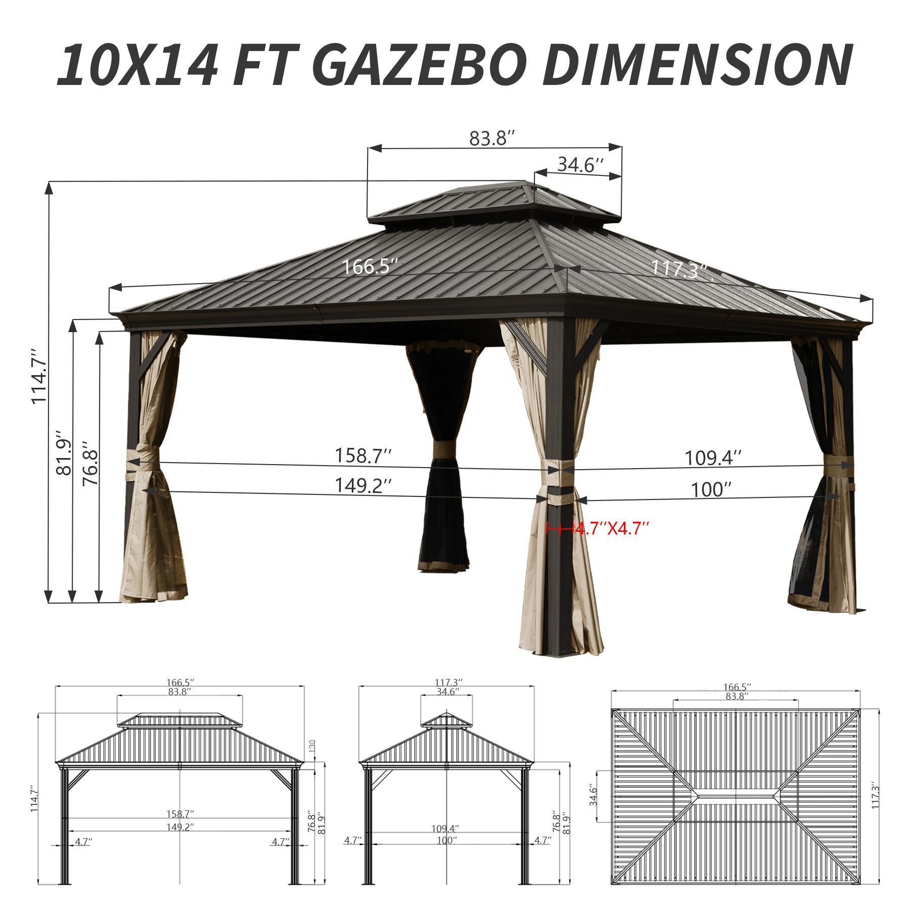 10   X 14   Hardtop Gazebo Permanent Outdoor Gazebo With Galvanized Steel Double Roof, Aluminum Frame, Curtains And Netting For Patio Lawn And Garden, Brown