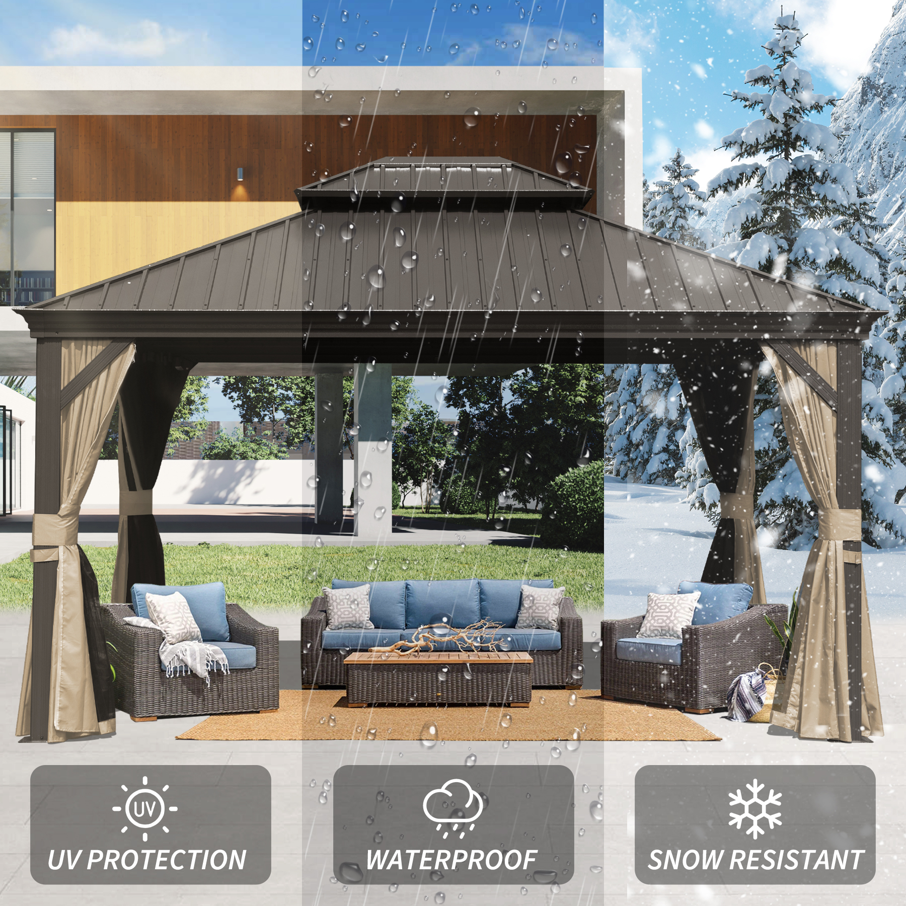 10   X 14   Hardtop Gazebo Permanent Outdoor Gazebo With Galvanized Steel Double Roof, Aluminum Frame, Curtains And Netting For Patio Lawn And Garden, Brown
