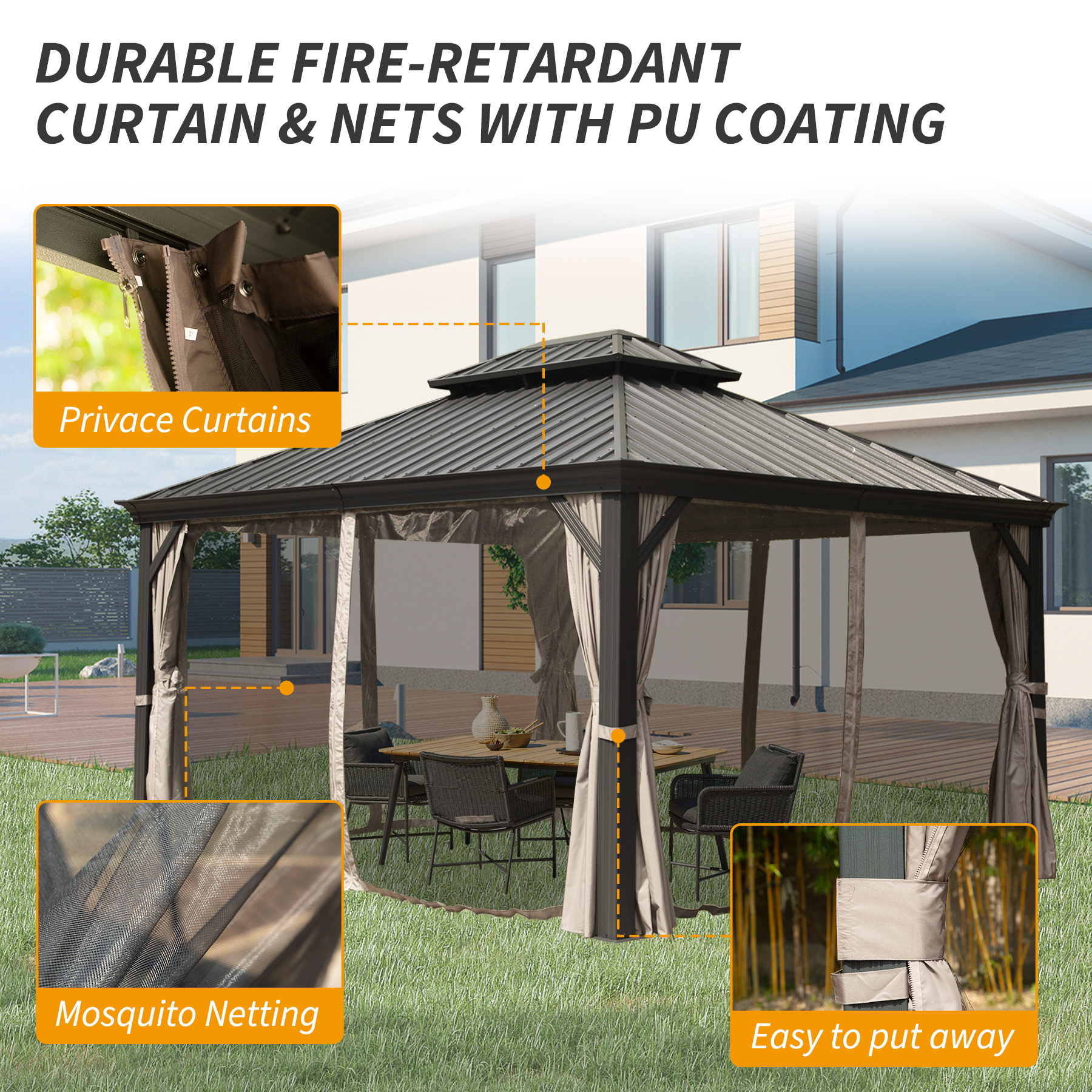 10   X 14   Hardtop Gazebo Permanent Outdoor Gazebo With Galvanized Steel Double Roof, Aluminum Frame, Curtains And Netting For Patio Lawn And Garden, Brown